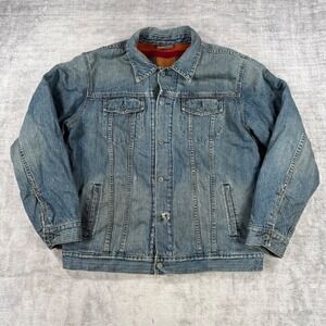 Gap Jacket Mens Large Blue Denim Vintage Blanket Lined Wool Trucker Distressed
